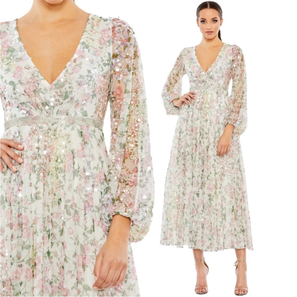 Mac Duggal NWT 93788 Embellished Floral Faux Wrap A Line Dress